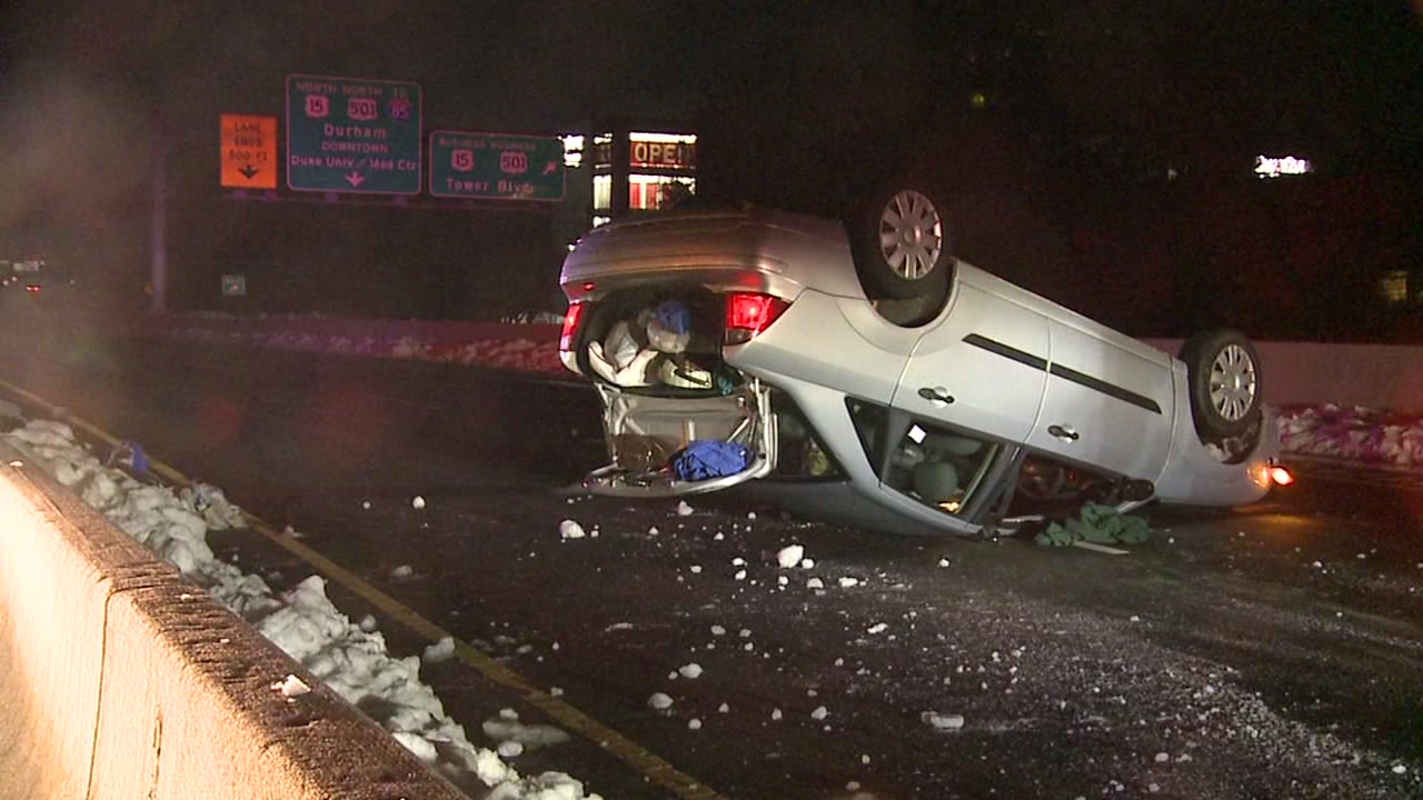 'Huge sheet of ice:' Man flips car on Durham bridge, walks away unharmed