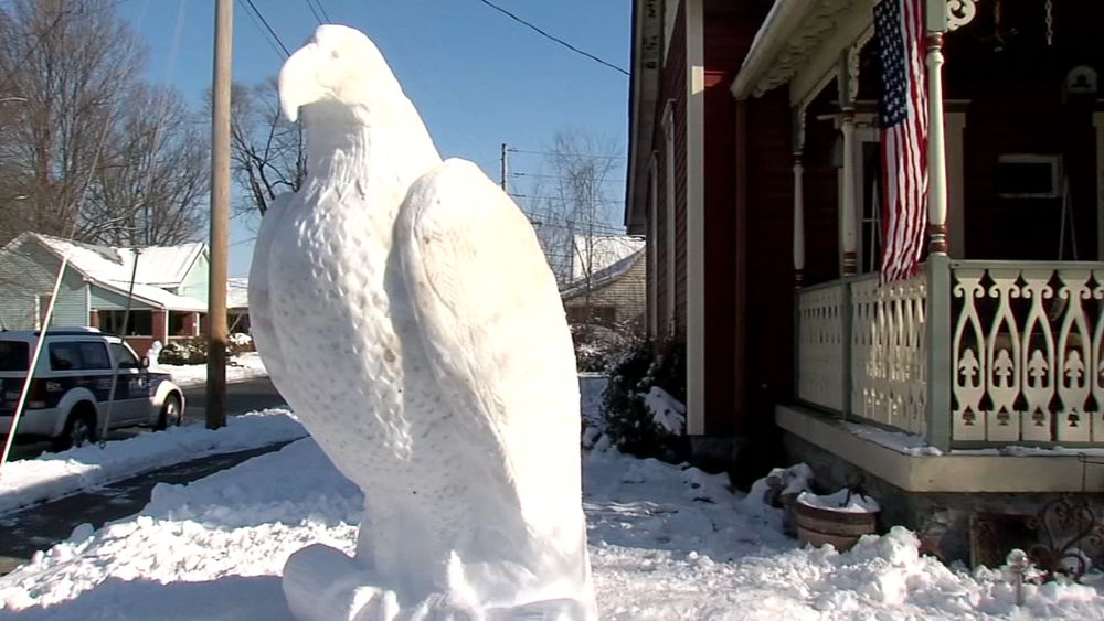 Man sculpts 7-foot bald eagle with snow in Indiana