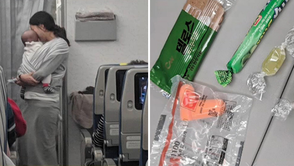 Mother hands out gift bags to passengers on flight