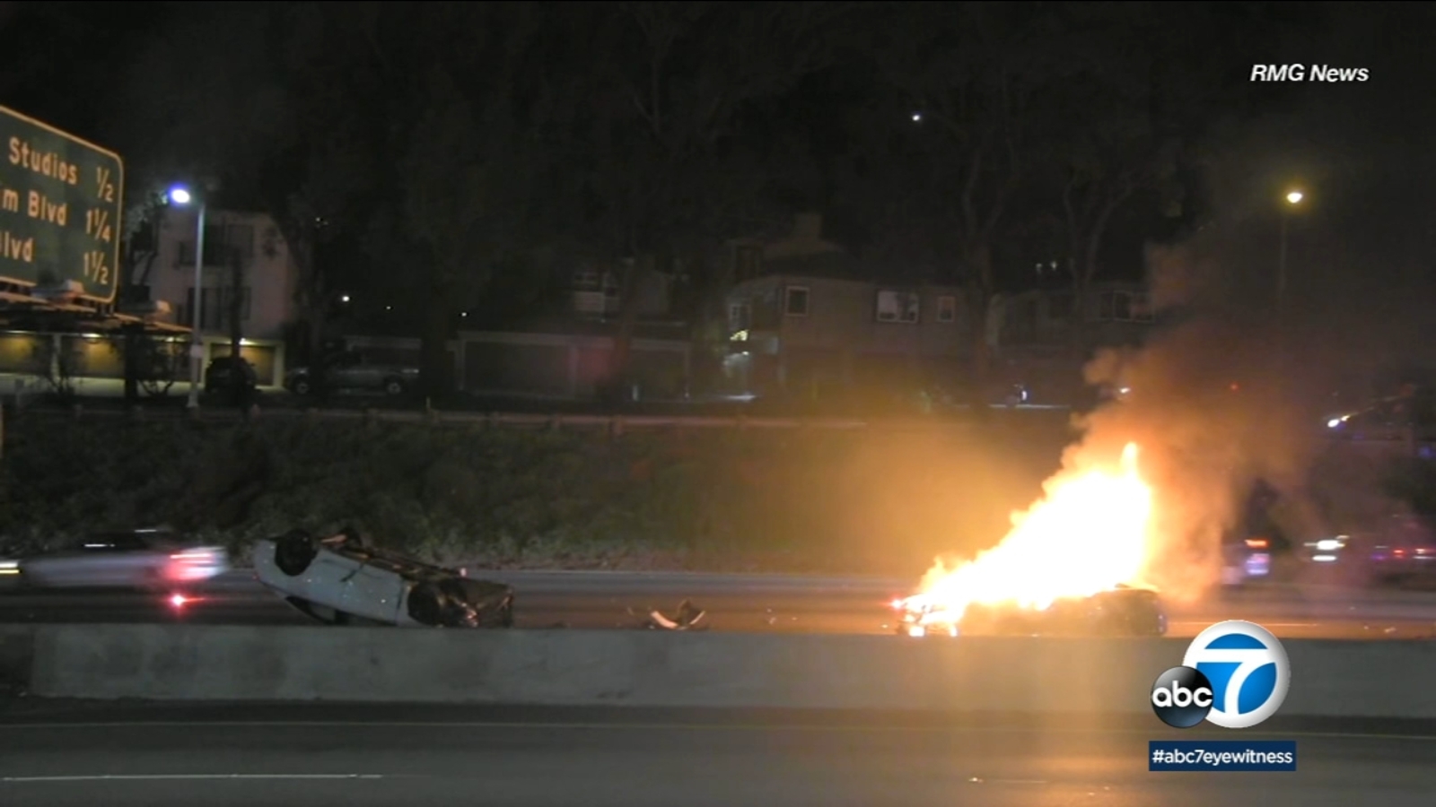 101 Freeway crash Vehicle flips, another bursts into