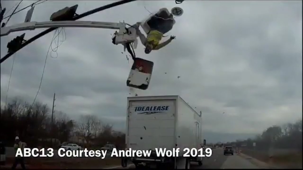 Truck hits man out of construction bucket