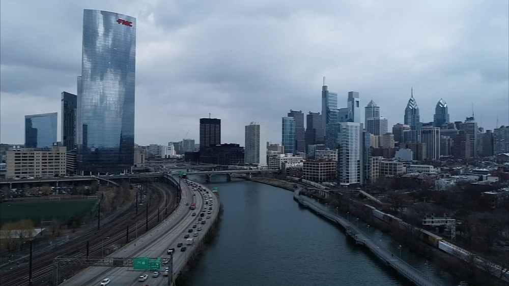 Drone 6 showing Philadelphia skyline from above the Schuylkill River