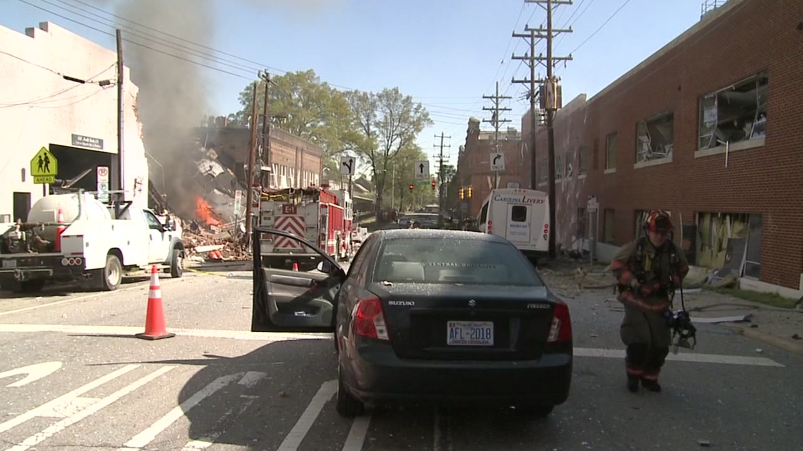 Durham explosion Building collapse, fire burning in downtown Durham