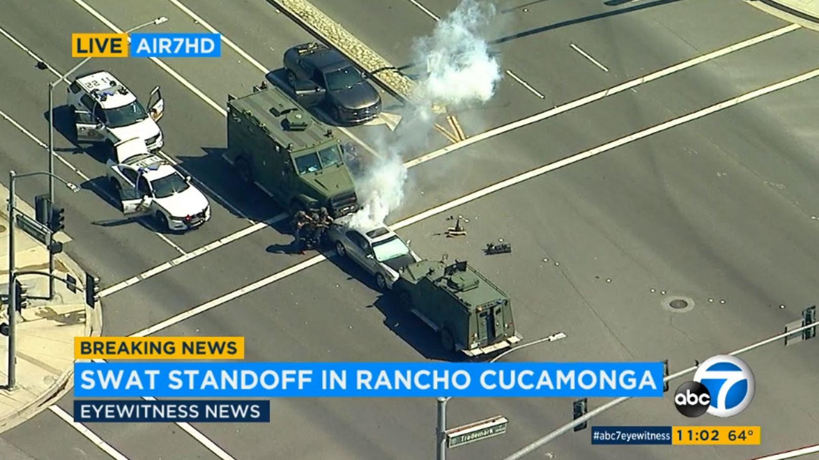 Rancho Cucamonga standoff SWAT smashes suspect's car, deploys flash
