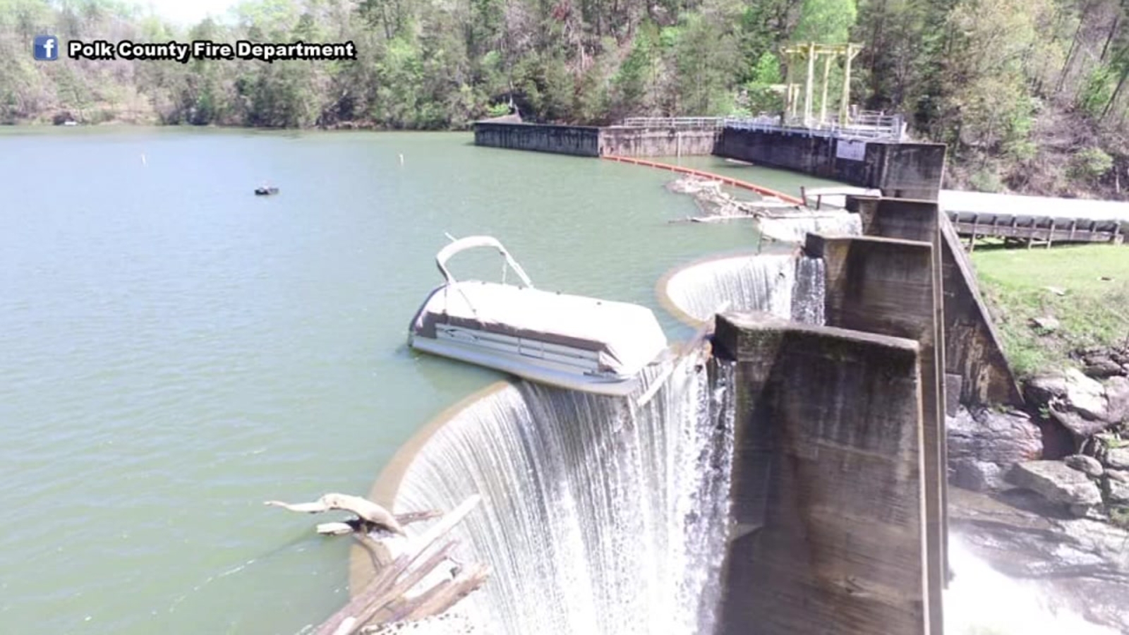 Pontoon boat partially hangs off Turner Shoals Dam ABC11 RaleighDurham