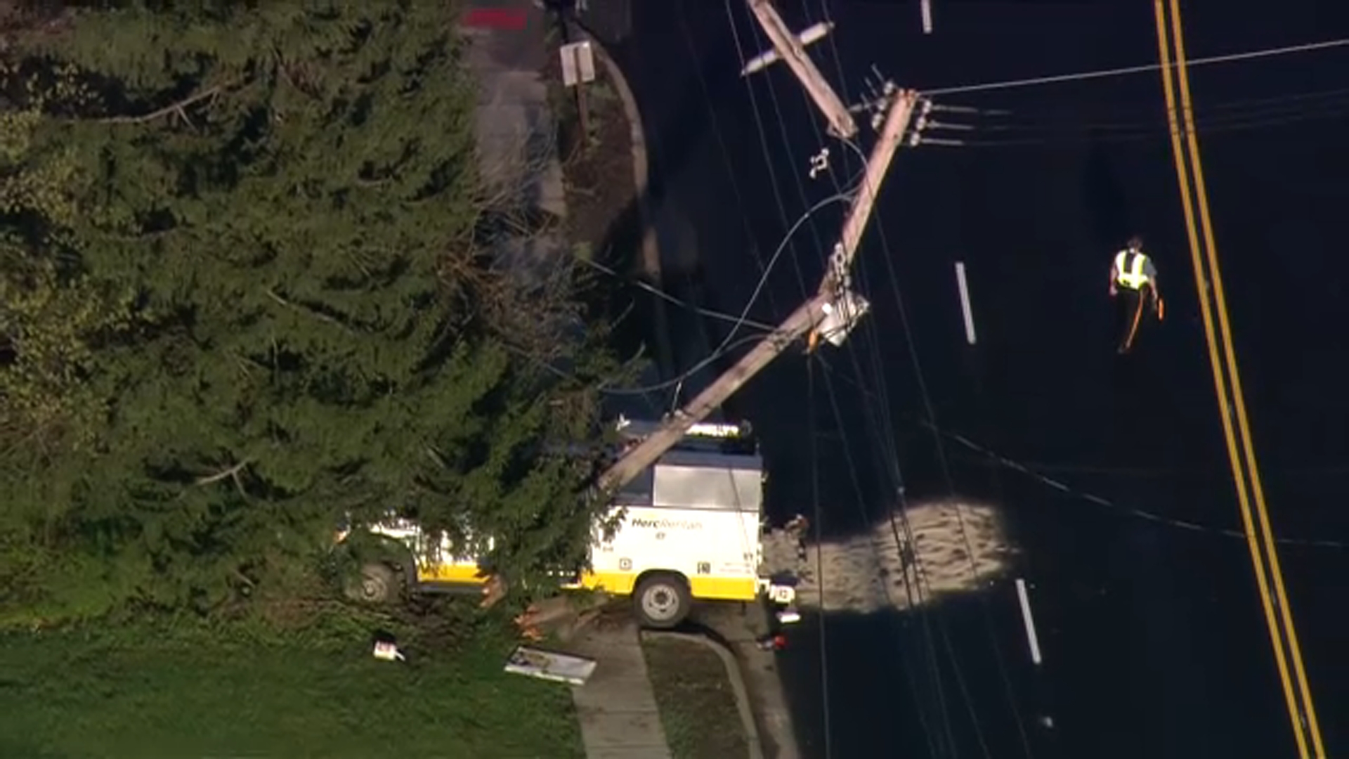 Truck and car collide in NJ, damaging utility pole