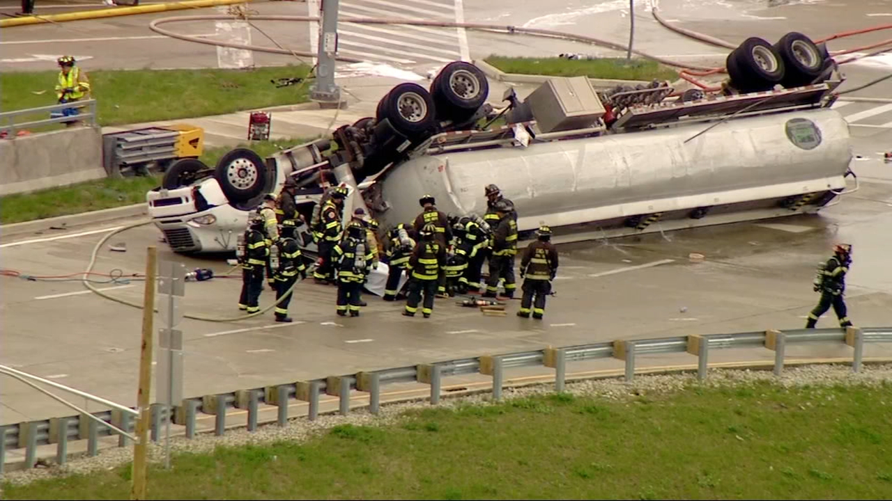 Driver trapped in leaking tanker rescued after rollover