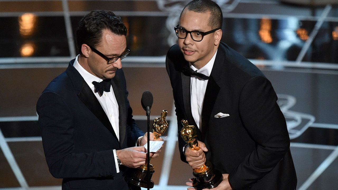 Mat Kirkby and James Lucas accept the award for Best Live Action Short Film for "The Phone Call."