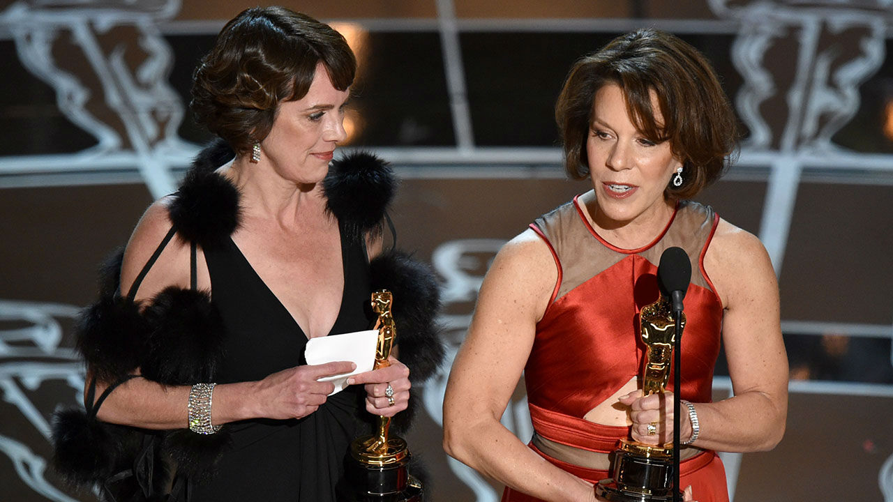 Dana Perry and Ellen Goosenberg accept the award for Best Documentary Short Subject for "Crisis Hotline: Veterans Press 1."