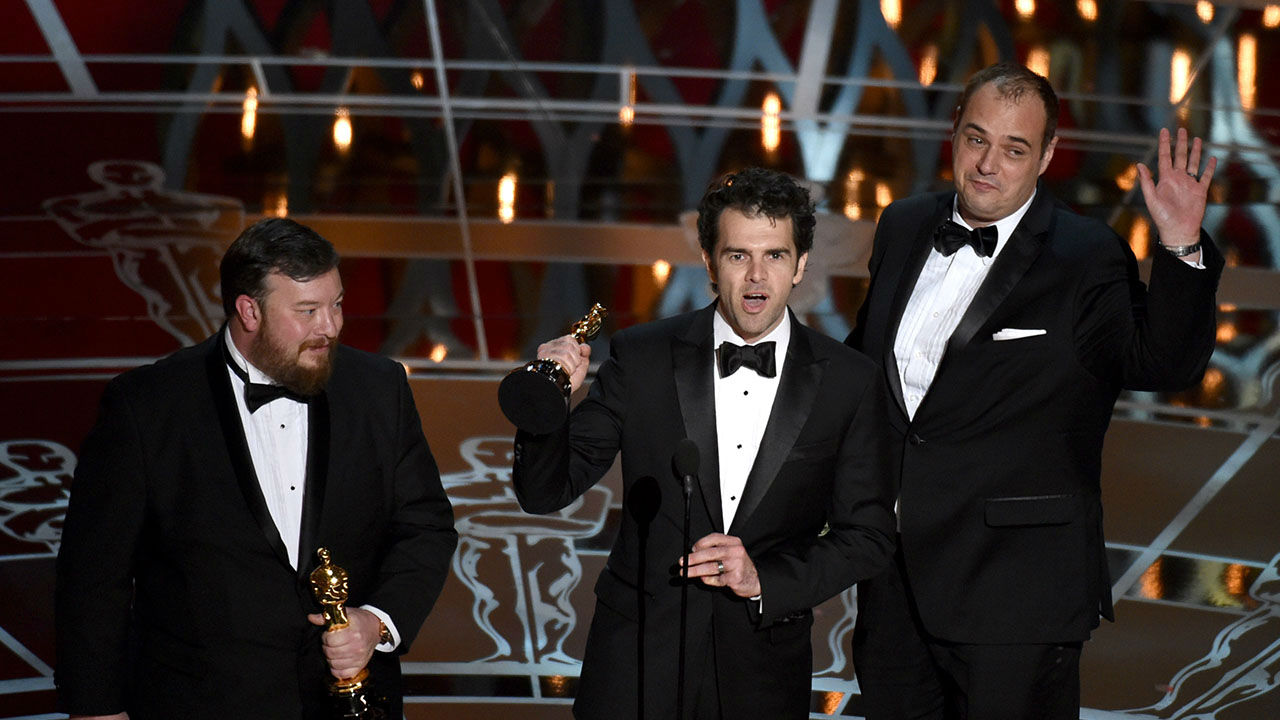 Thomas Curley Craig Mann, and Ben Wilkins accept the award for Best Sound Mixing for "Whiplash."