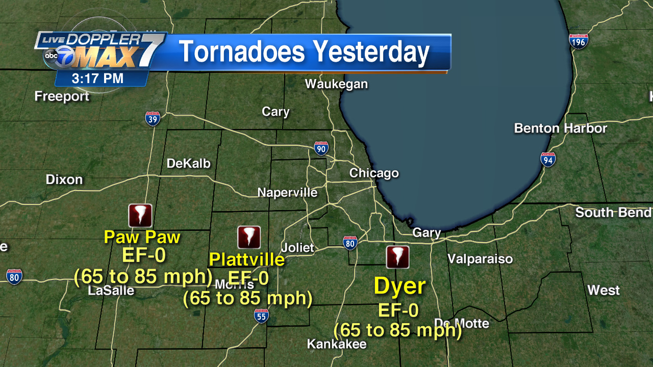 3 EF-0 tornadoes touched down in Chicago area Monday, NWS says; Cleanup