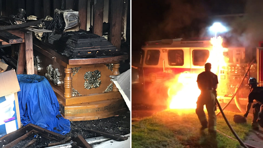 Crews battling fire at funeral home turn hoses on own truck in Third Ward
