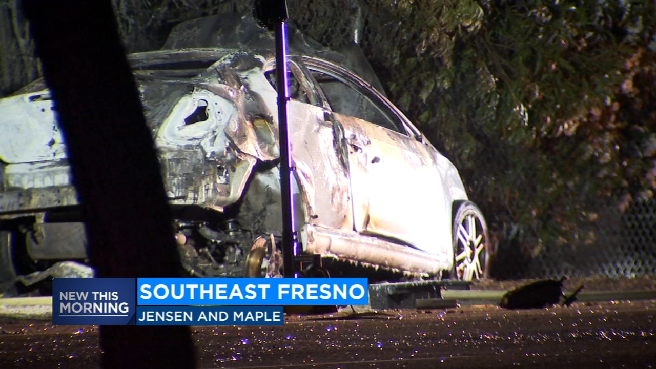 Driver ditches burning car after driving into tree in Southeast Fresno