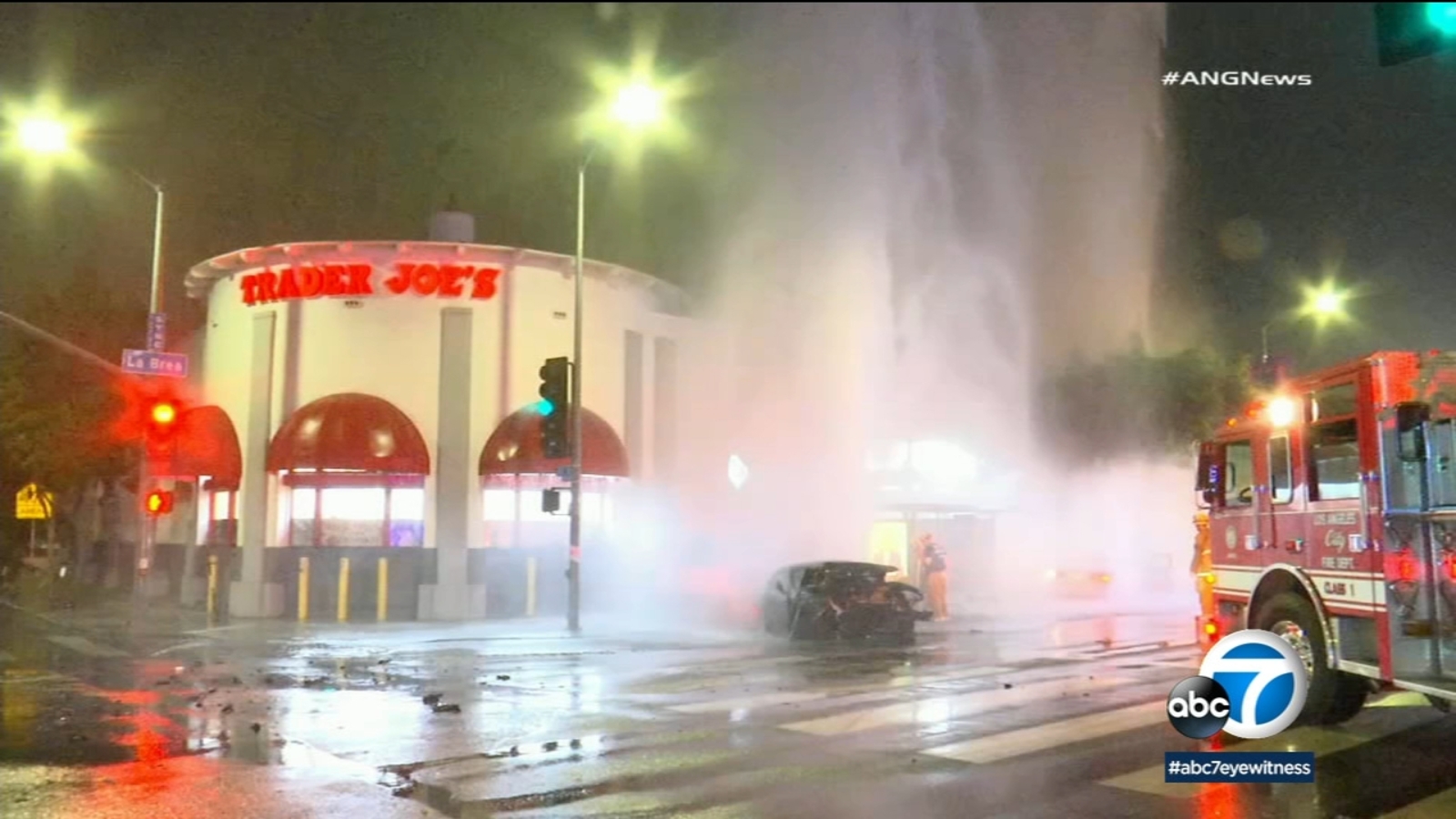 La Brea crash Fire hydrant sheared in accident, Trader Joe's flooded