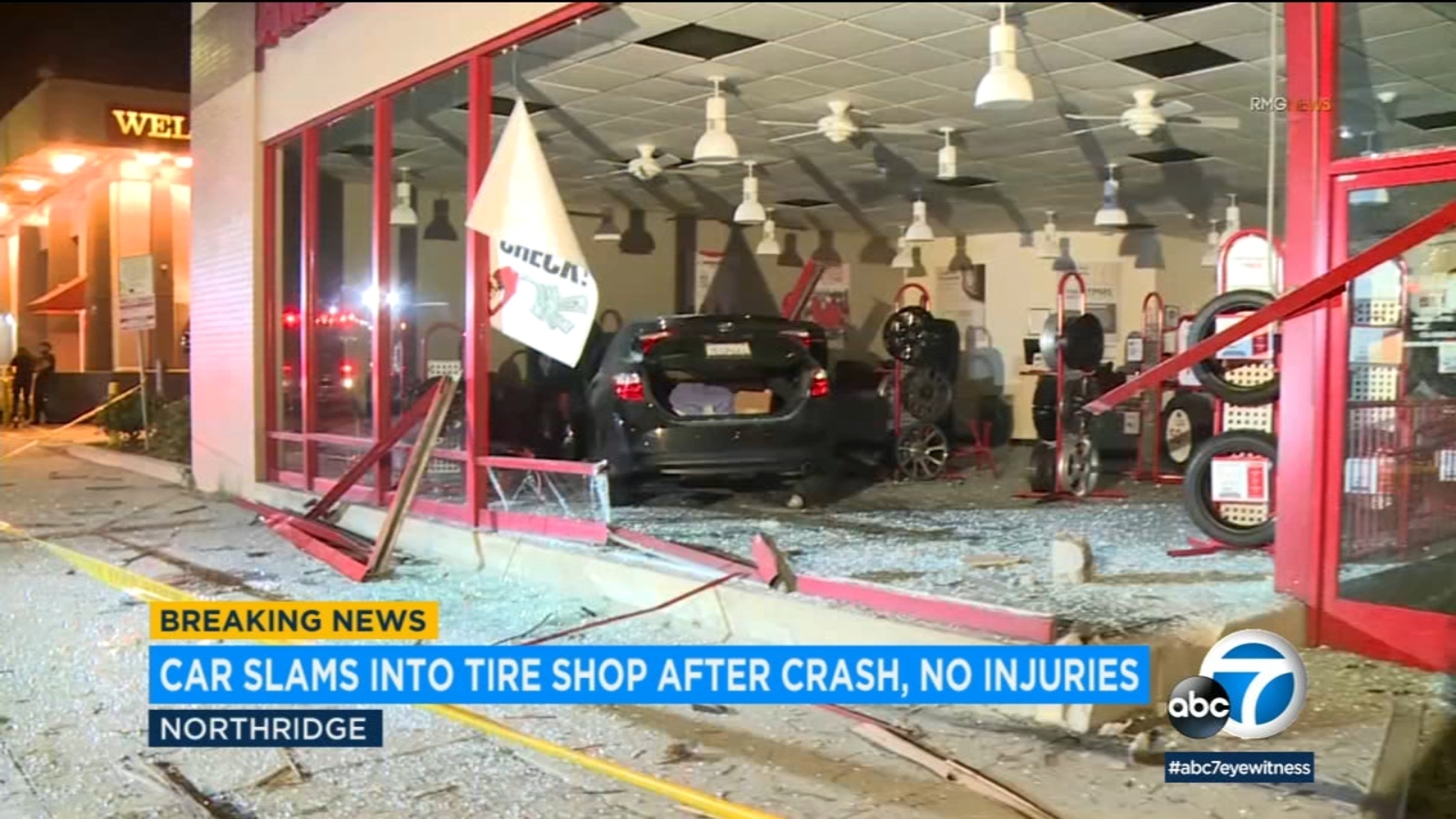 Car slams into tire shop after crash in Northridge ABC7 Los Angeles