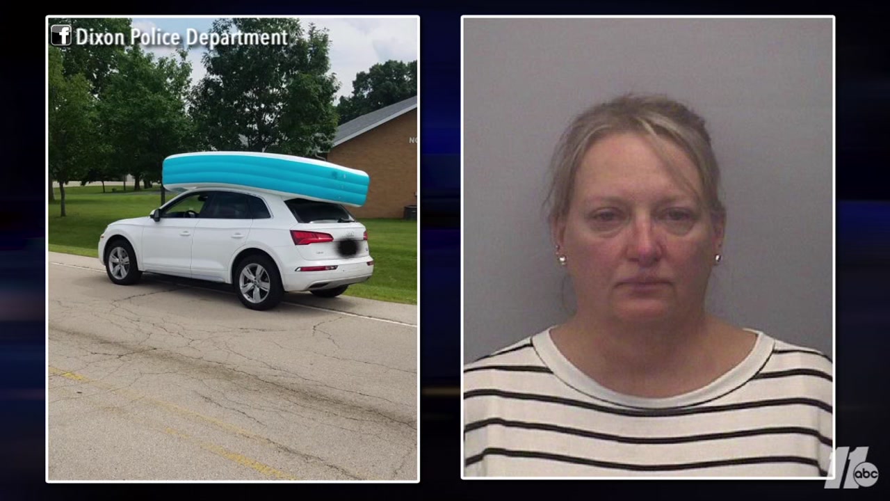 Illinois woman arrested for allegedly driving with her 2 children in an inflatable pool on the roof of her car