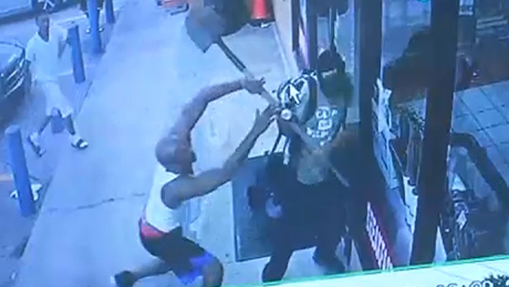 Man brazenly beaten with shovel in front of gas station