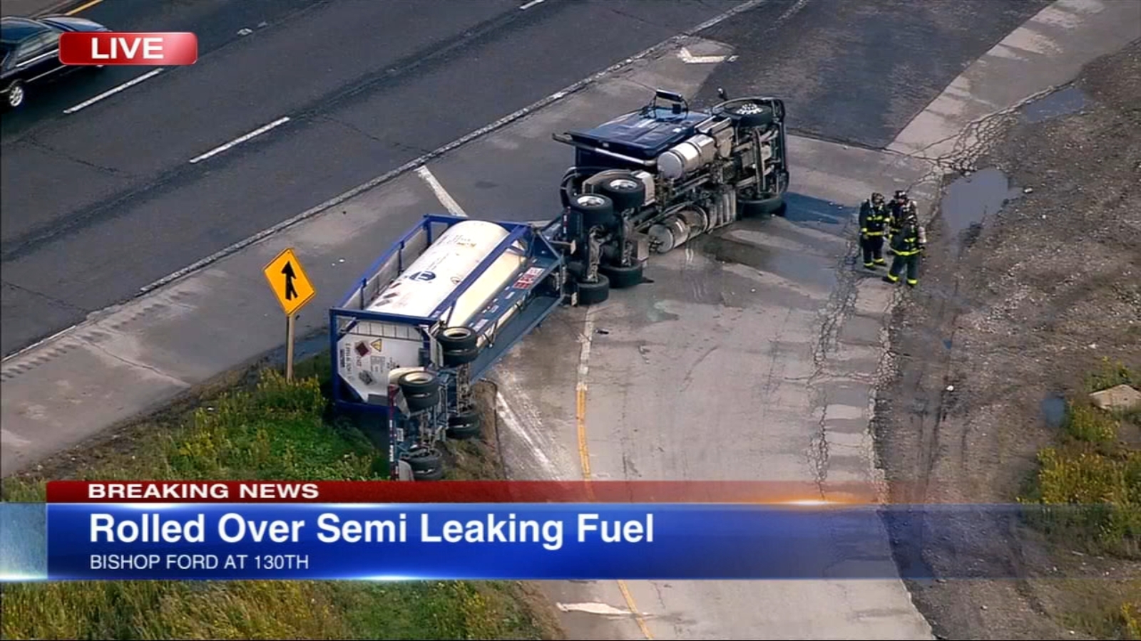 Outbound lanes blocked on Ford after overturned semi spills fuel