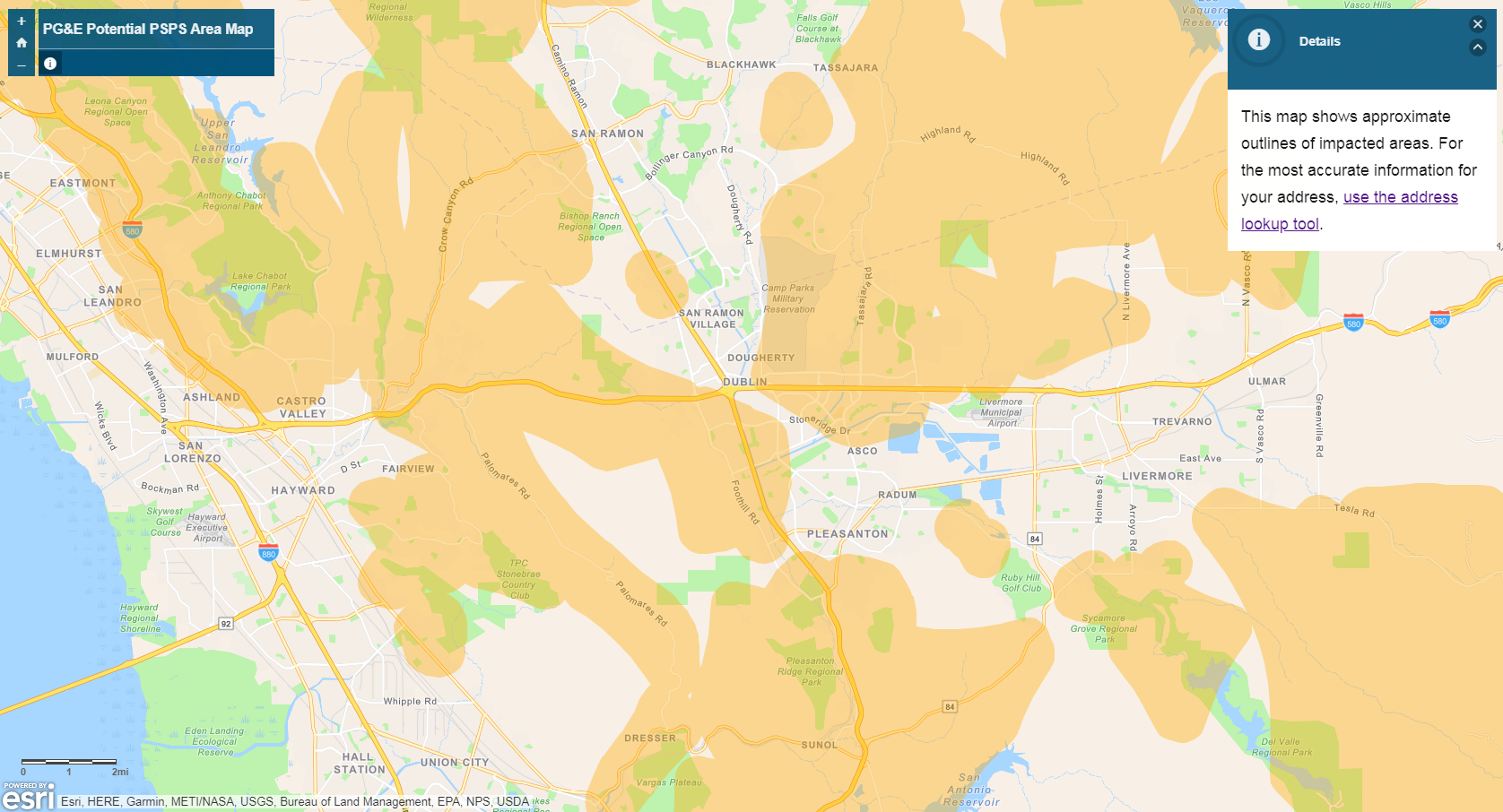 PG&E Power Outage Shut Off Maps showing Bay Area cities affected by PG