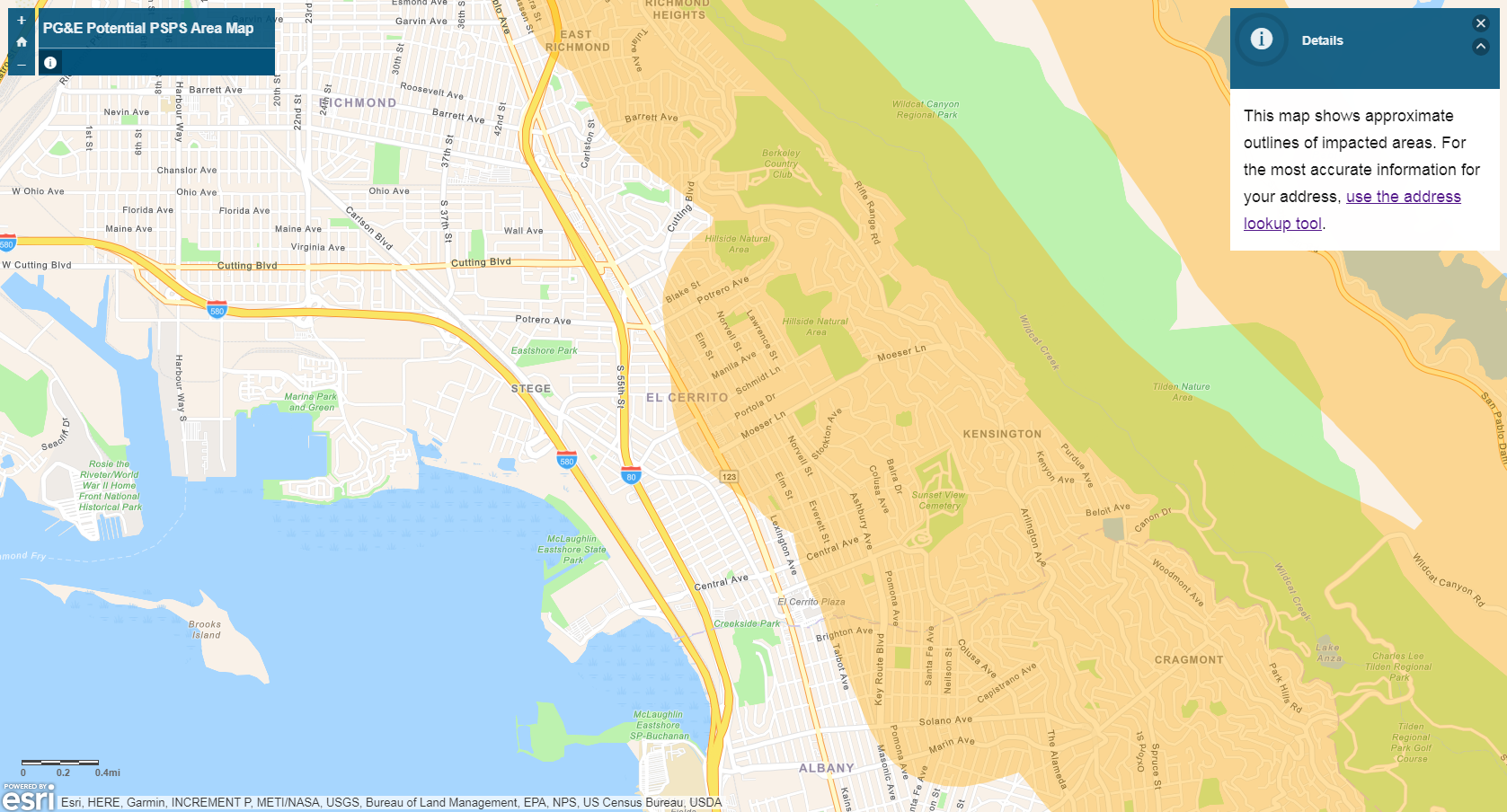 PG&E Power Outage Shut Off Maps showing Bay Area cities affected by PG
