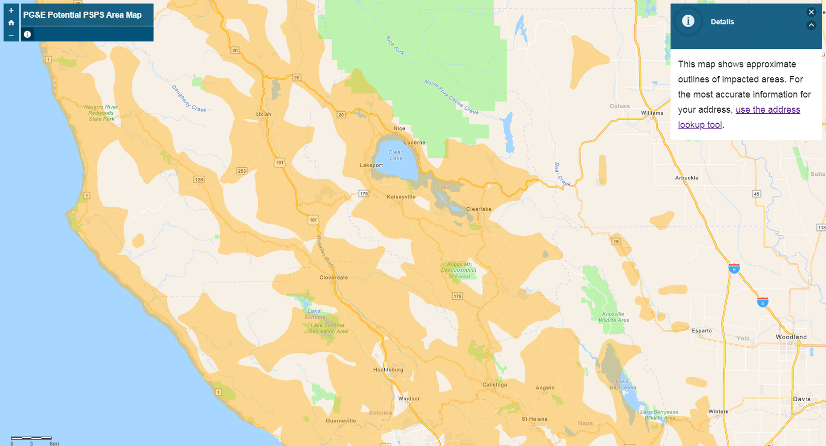 PG&E Power Outage Shut Off Maps showing Bay Area cities affected by PG
