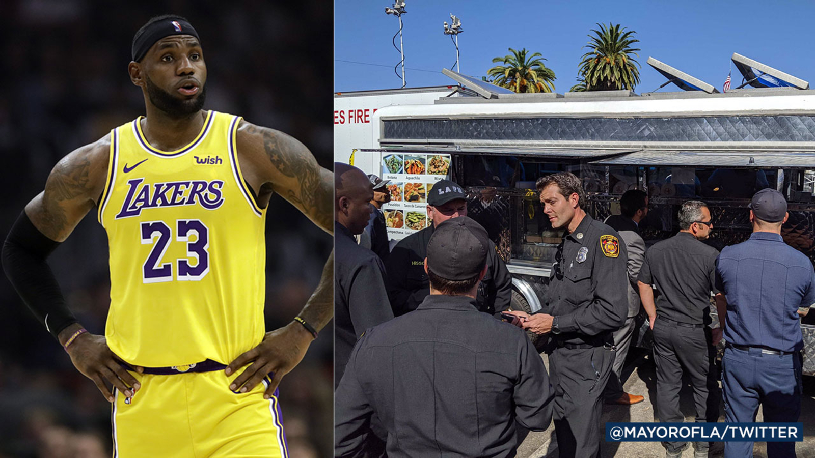 Image result for images of LeBron James sends taco truck to feed firefighters in LA