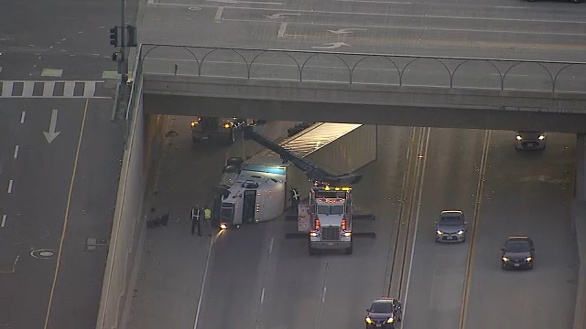 210 Fwy lanes closed due to overturned big rig