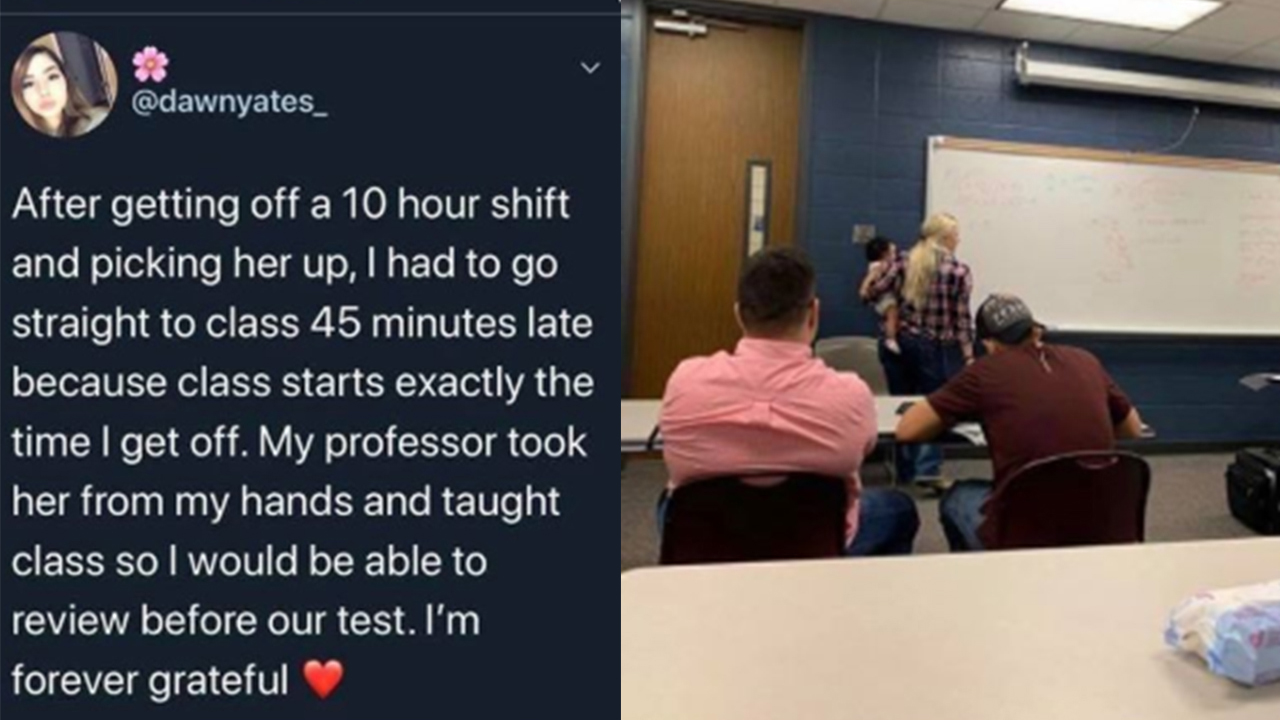 "I'm forever grateful," mom's professor holds baby so she can review before test