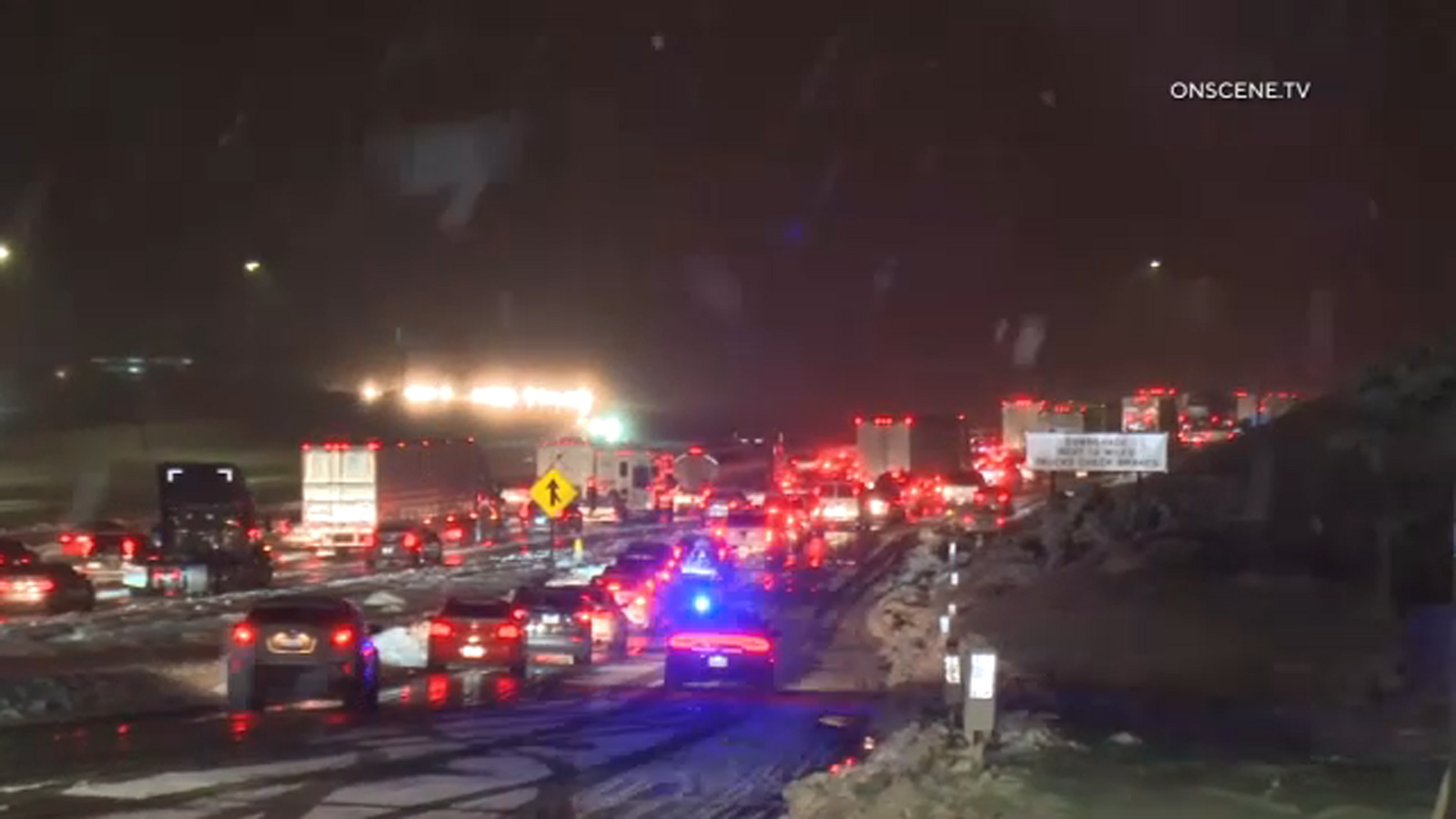 Ice, snow create treacherous conditions along Cajon Pass, Grapevine