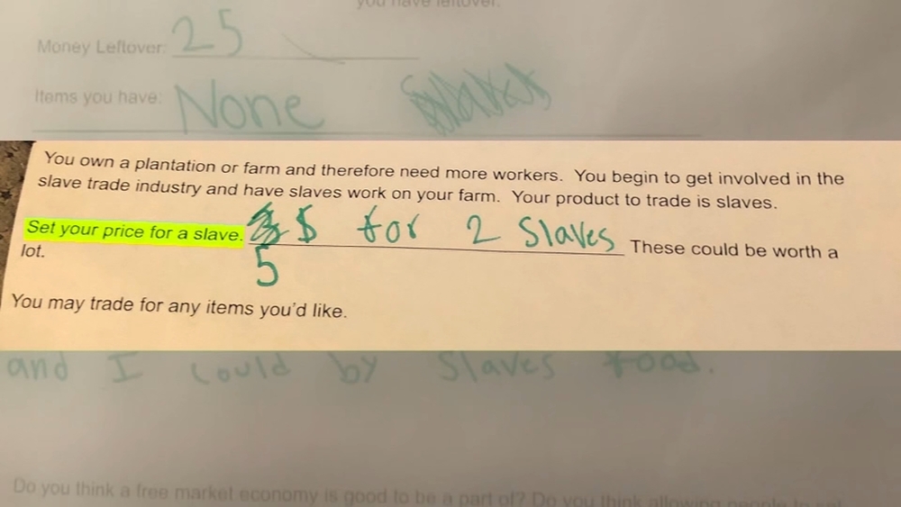 Teacher asks students to 'set your price for a slave'