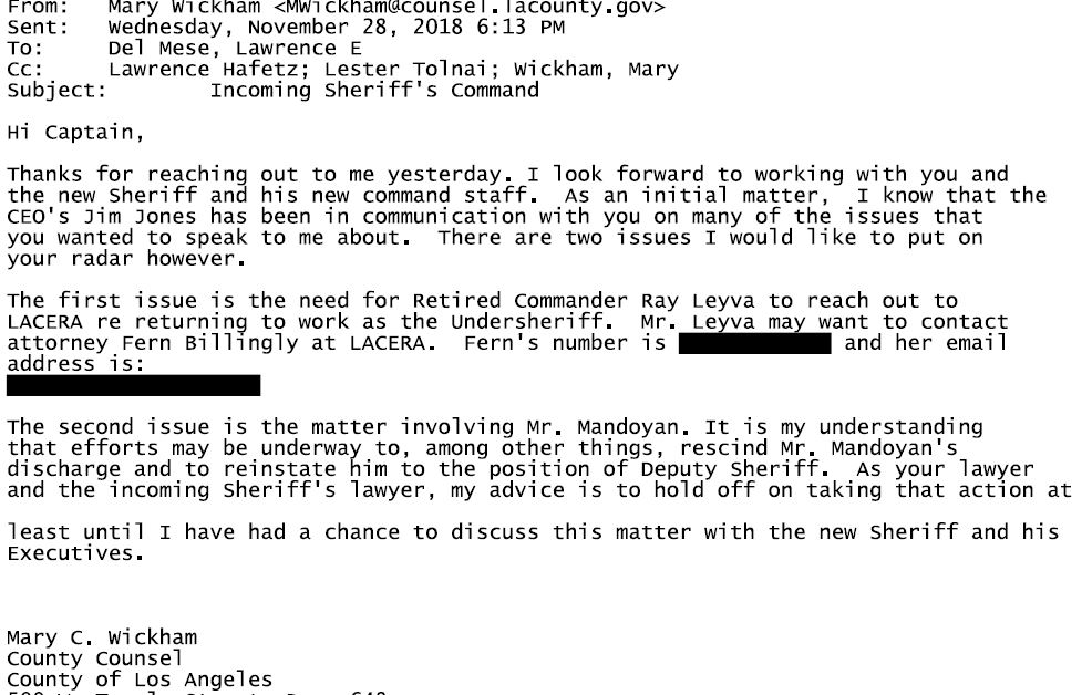 County Counsel Mary Wickham emailed Villanueva