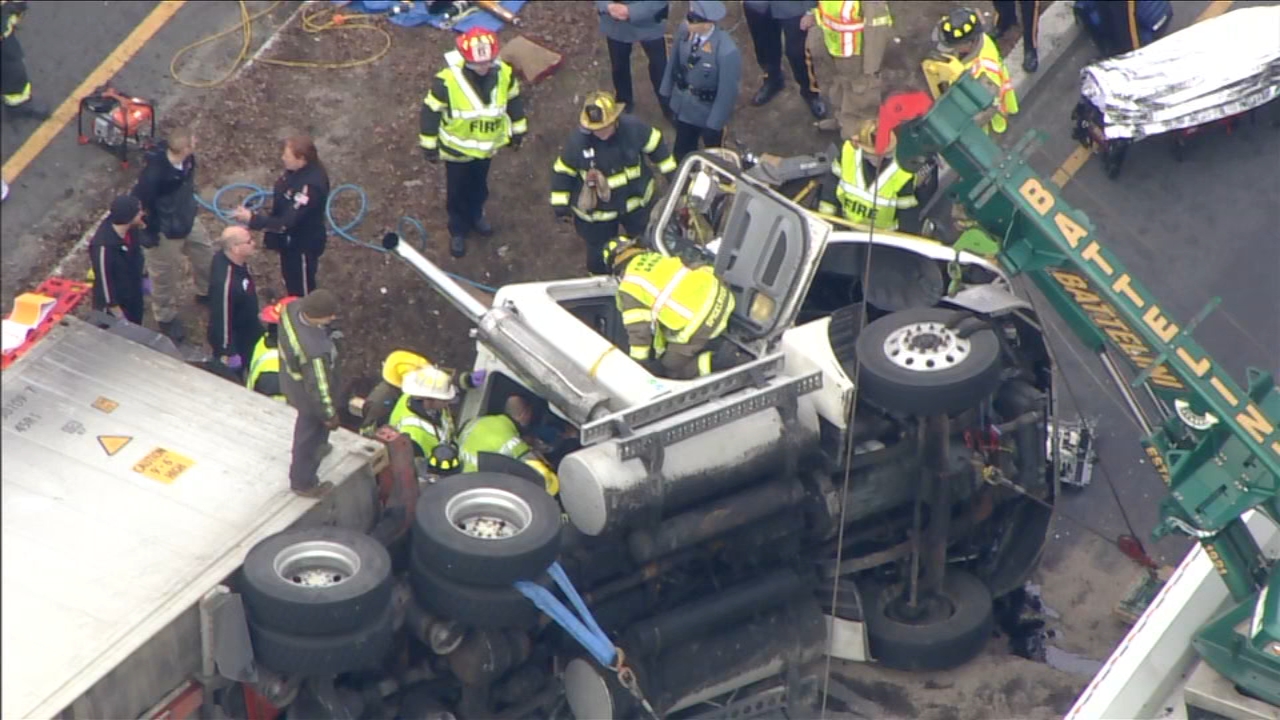 Driver rescued from overturned tractor trailer on ramp to Route 55 in Vineland
