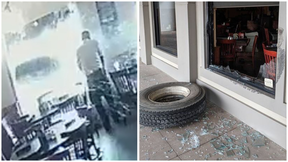 Tire pops off vehicle, crashes through restaurant window