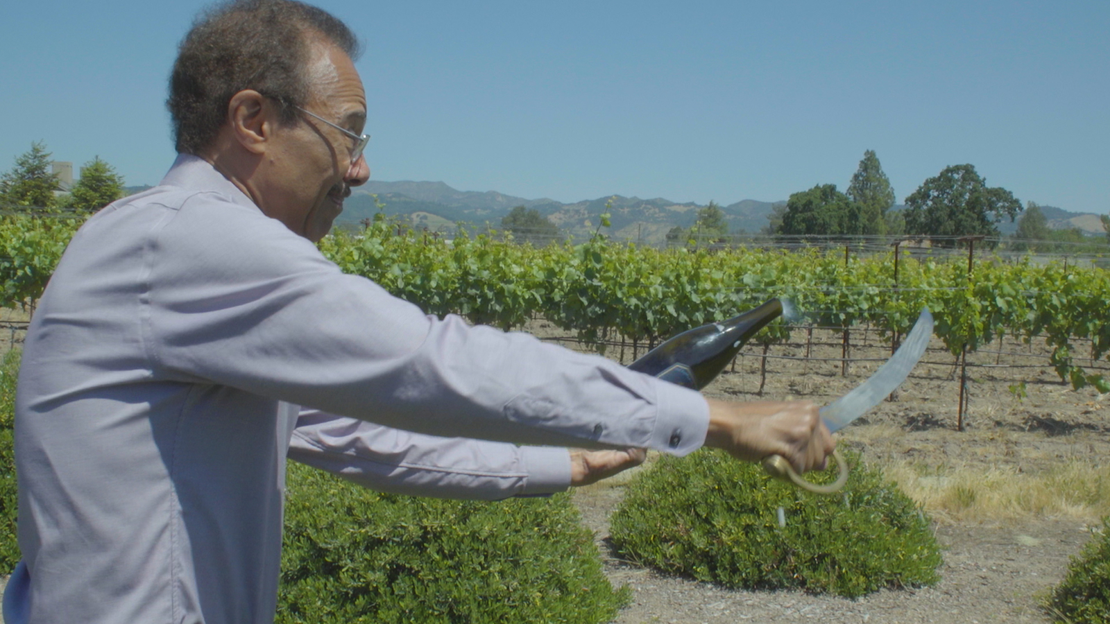 Popping champagne with a wine glass and saber ABC13 Houston