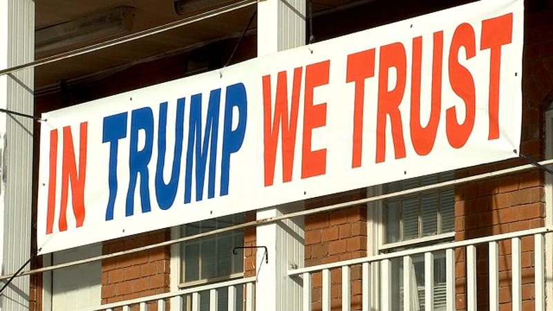 Large Trump Banner Outside Port Jefferson Ice Cream Shop Sparks