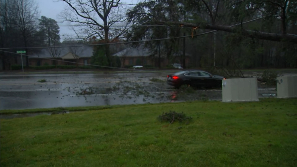 Tree pulls down power lines, blocking Six Forks Rd