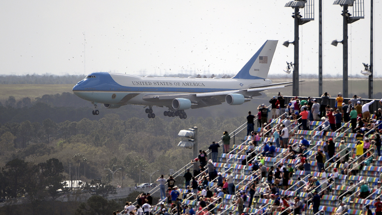 Air Force One flying over Daytona speedway
