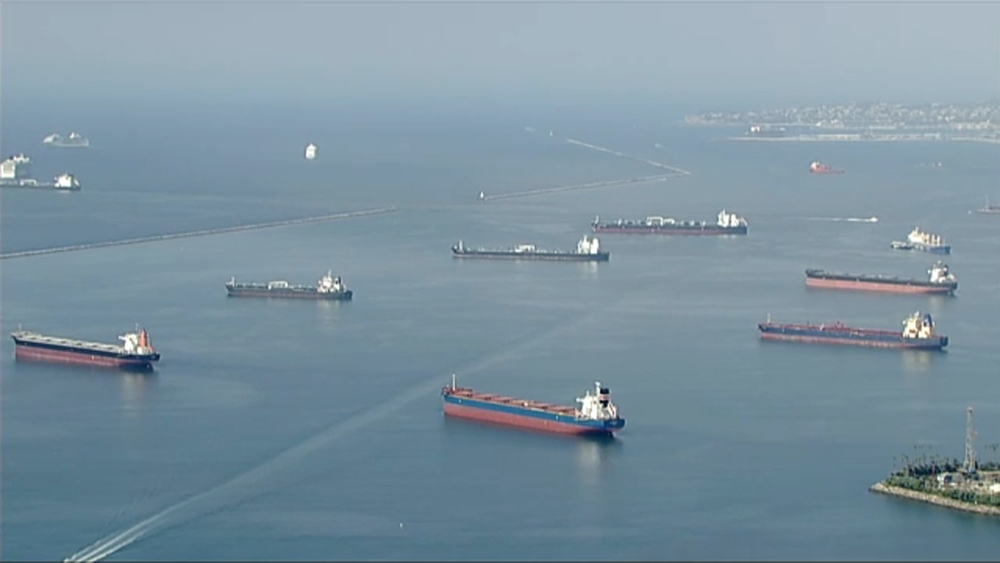 Dozens of oil tankers docked in Long Beach