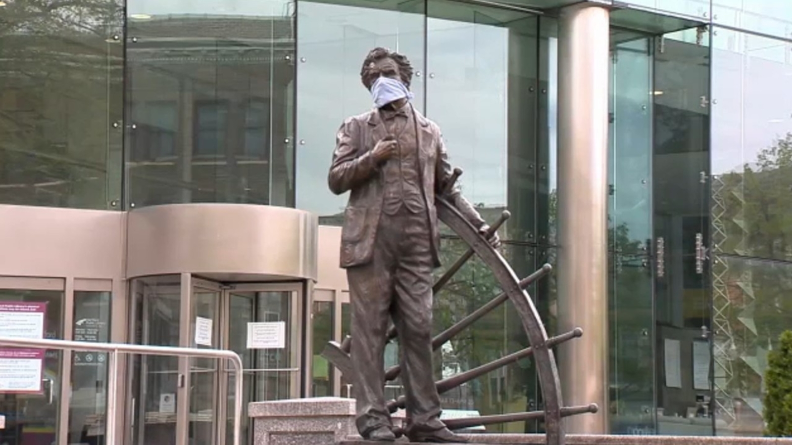 Coronavirus Connecticut Hartford statues covered with face masks to