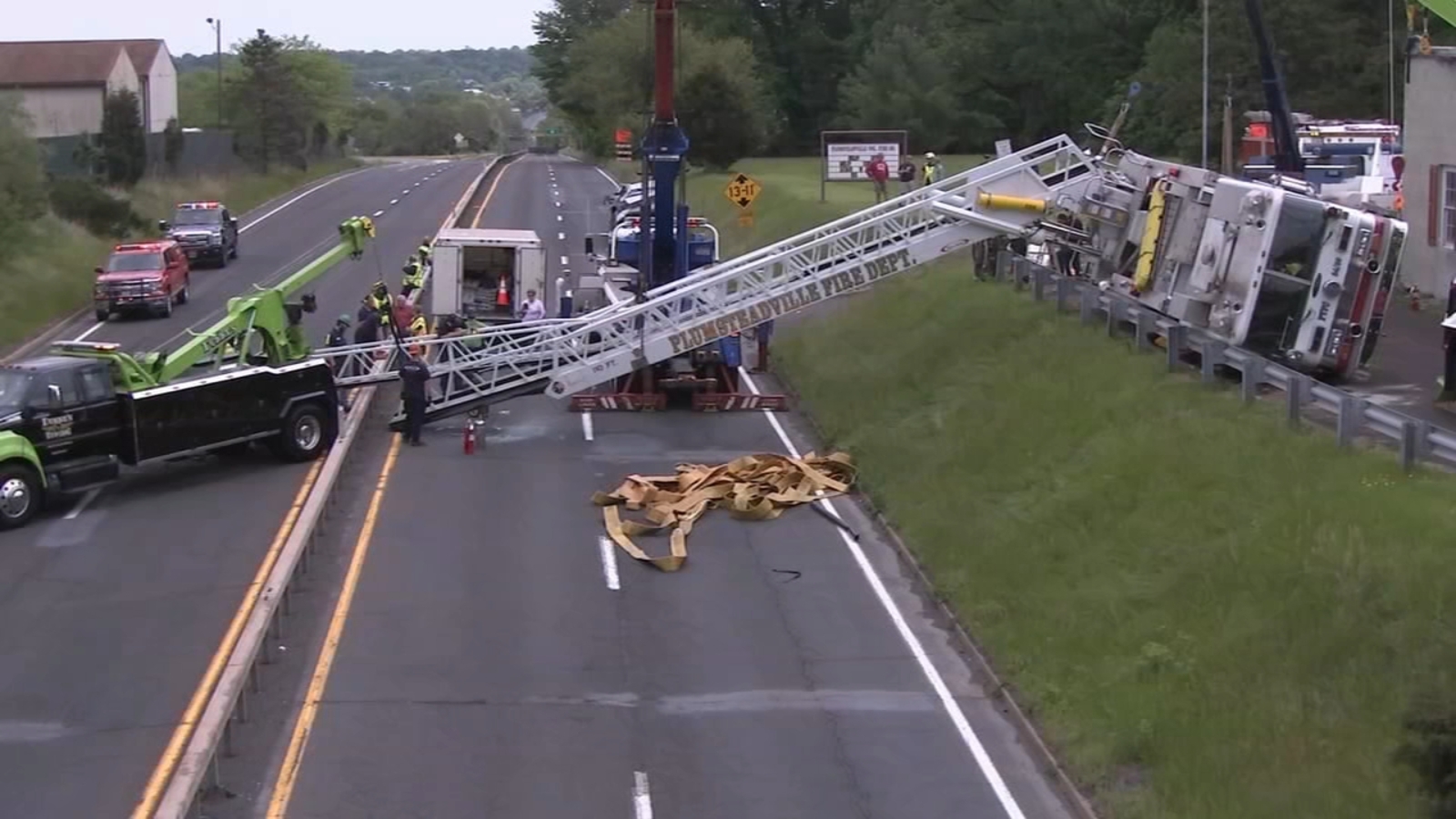 Fire truck adorned with flag tips over in Plumstead Township, Bucks