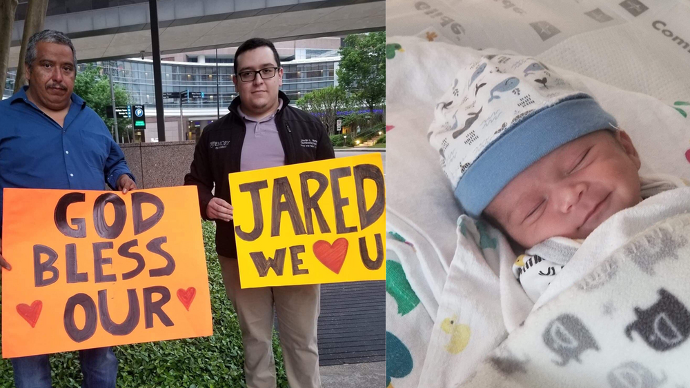 Dad sends special message to newborn, wife outside hospital