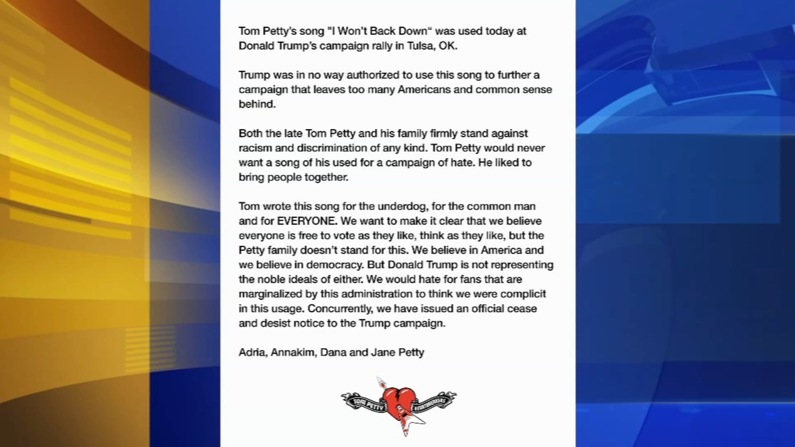 Tom Petty S Family Issues A Cease And Desist Order To Trump Campaign After Song Was Played At Tulsa Rally Abc7 Chicago