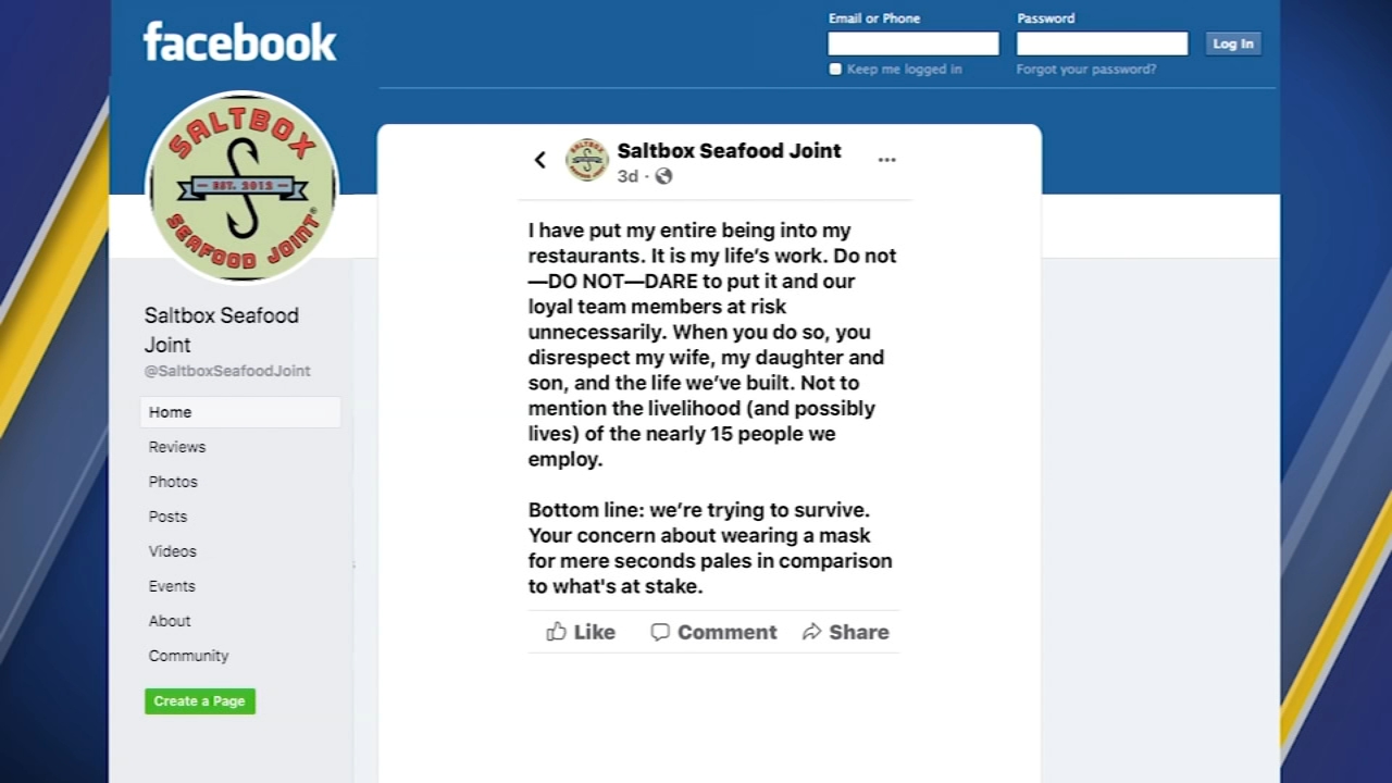 Saltbox Seafood Joints owner shares Facebook post criticizing patrons who refuse to wear masks in restaurant