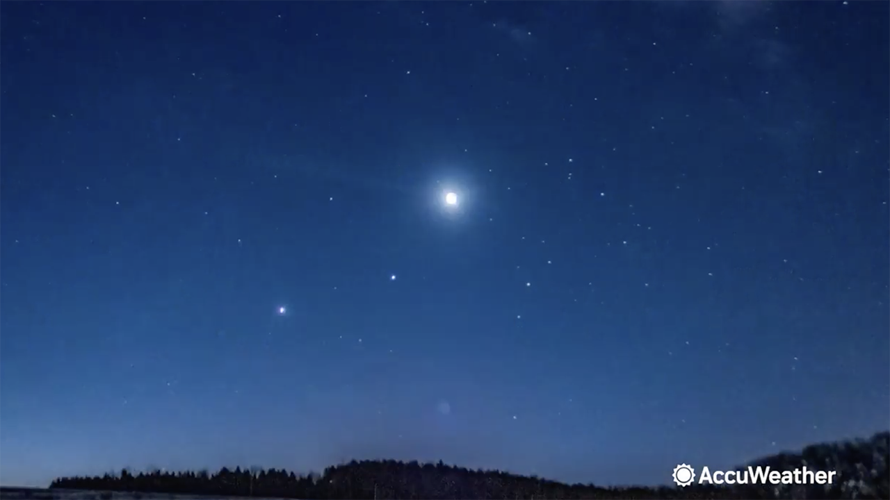 See a bright half moon meet up with Jupiter in the night sky