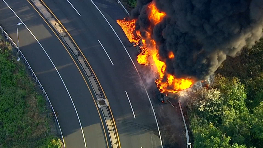 Huge fireball after truck carrying diesel overturns on NJ Turnpike