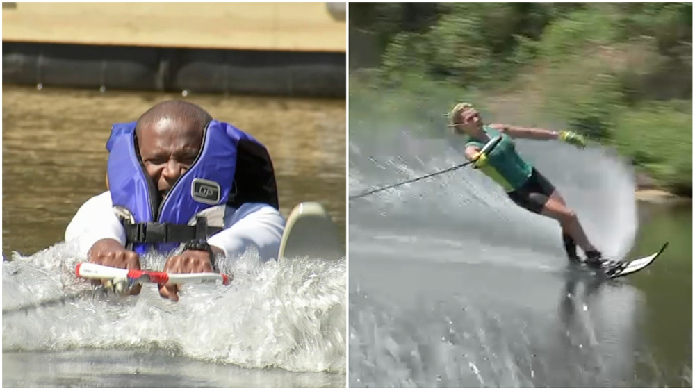 CAN DUCIS DO IT? Cecily Tynan challenges Ducis Rodgers to water skiing