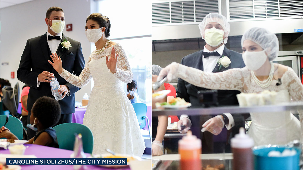 Newlyweds donate, serve wedding reception food to women's shelter