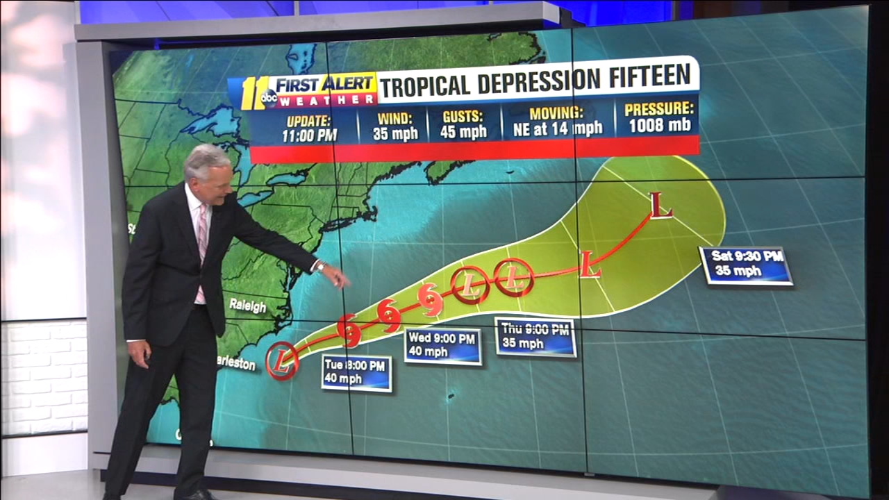 Tropical Depression 15 zooming away from North Carolina coast