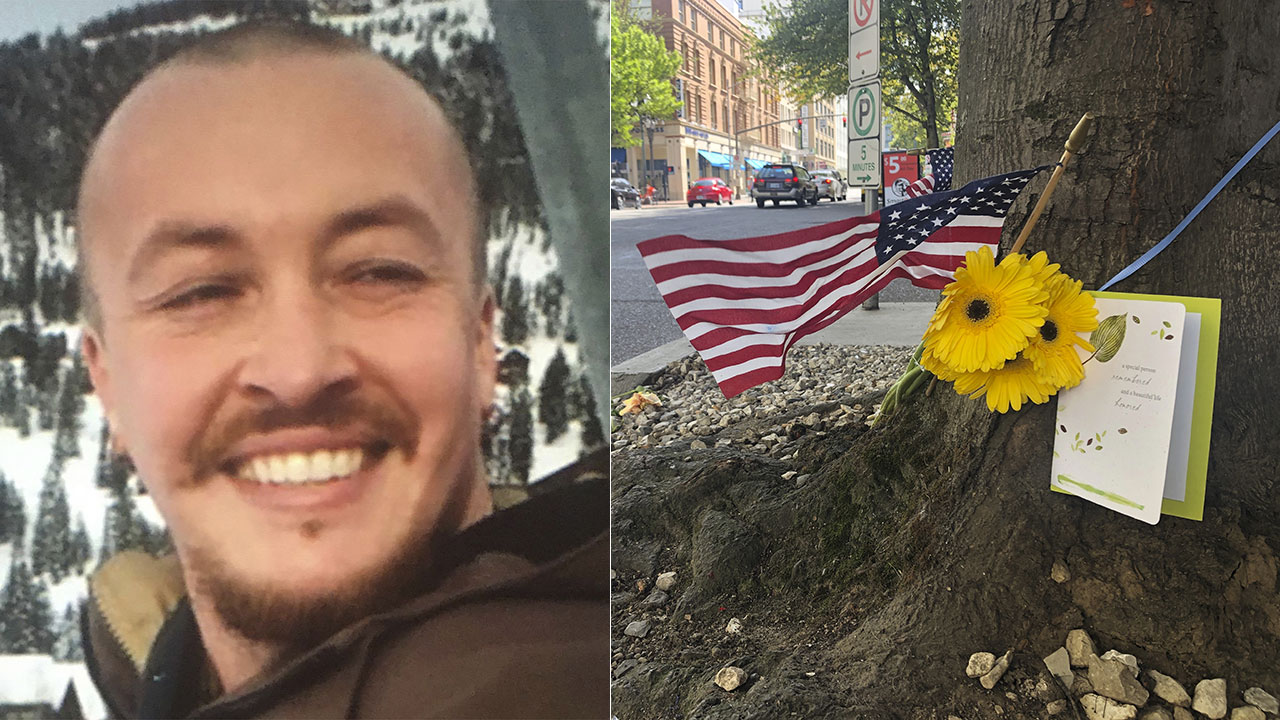Aaron "Jay" Danielson was shot and killed on Saturday, Aug. 29, 2020 in Portland, Ore. as protesters clashed with supports of President Trump. At right is a memorial to Danielson.