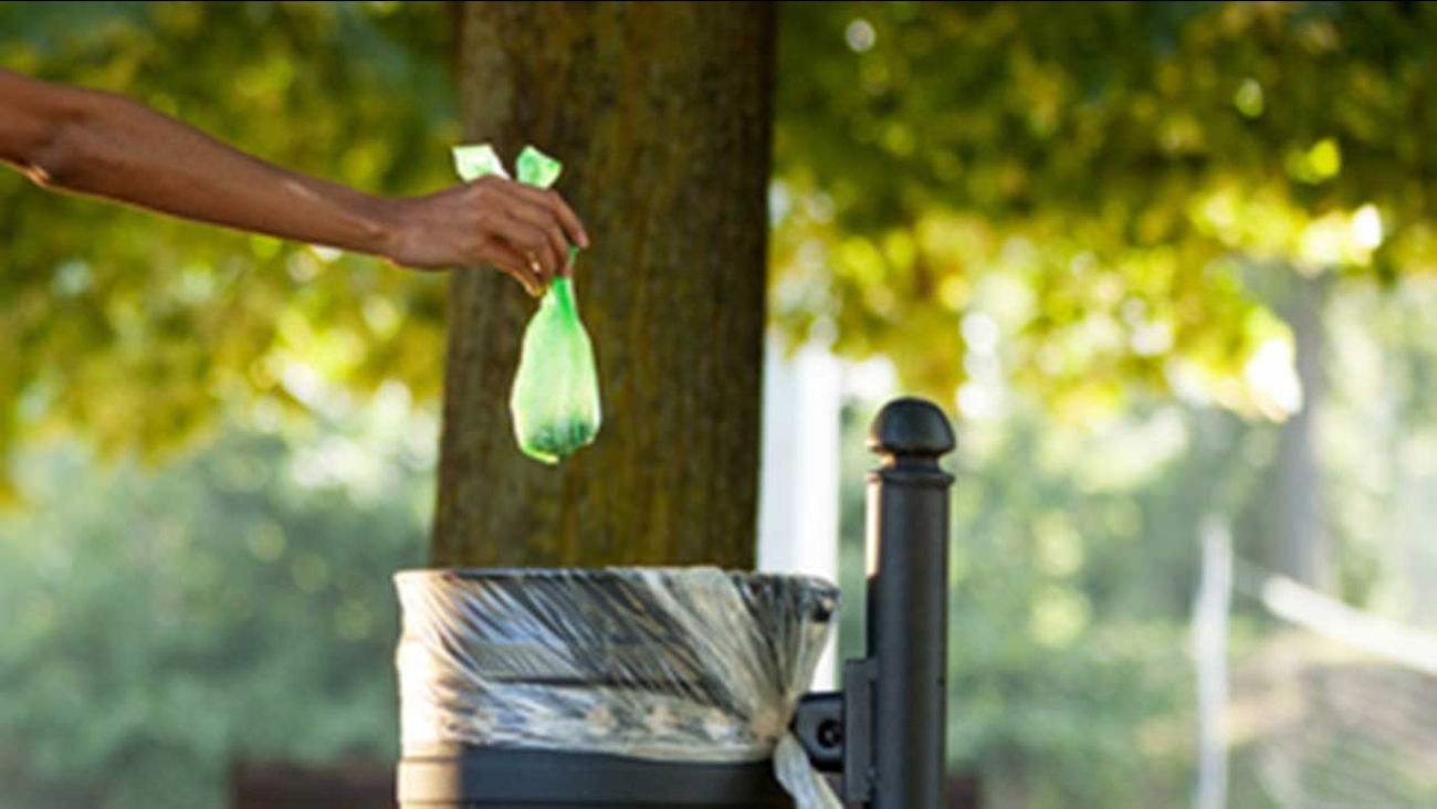 A bag of dog poop is thrown in the trash.